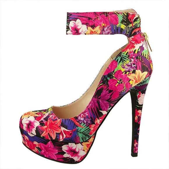 Qupid Sanity 04 Pink Multi Floral Print Ankle Strap Zip Up Back Stiletto Pumps - Picture 5 of 15